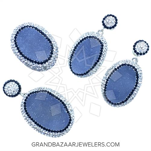 Customize & Buy 925 Sterling Silver Gem and Crystals Ring Earring Pendant Sets Blue Druzy Chalcedony Online at Grand Bazaar Jewelers - GBJ1ST2679-6