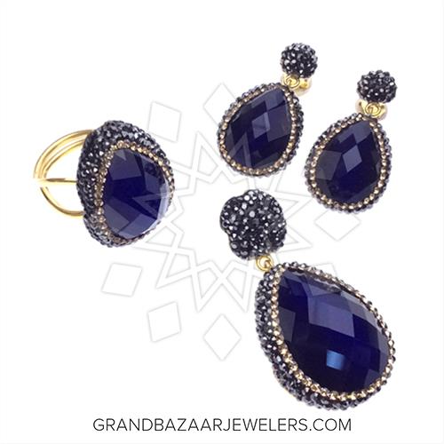 Customize & Buy 925 Sterling Silver Gem and Crystals Ring Earring Pendant Sets Navy Cats Eye Online at Grand Bazaar Jewelers - GBJ1ST1113-10