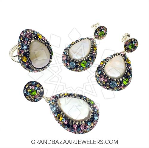 Customize & Buy 925 Sterling Silver Gem and Crystals Ring Earring Pendant Sets Cultured Pearl Online at Grand Bazaar Jewelers - GBJ1ST1113-50