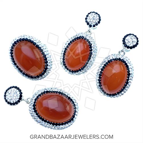 Customize & Buy 925 Sterling Silver Gem and Crystals Ring Earring Pendant Sets Orange Cats Eye Online at Grand Bazaar Jewelers - GBJ1ST2679-10